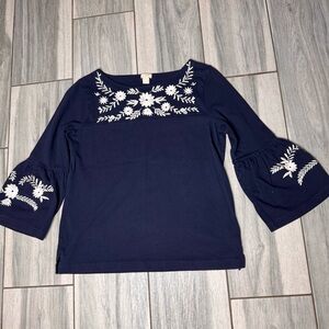 Women’s J Crew Factory Cotton Boho Tunic Navy Floral Embroidered Bell Sleeves